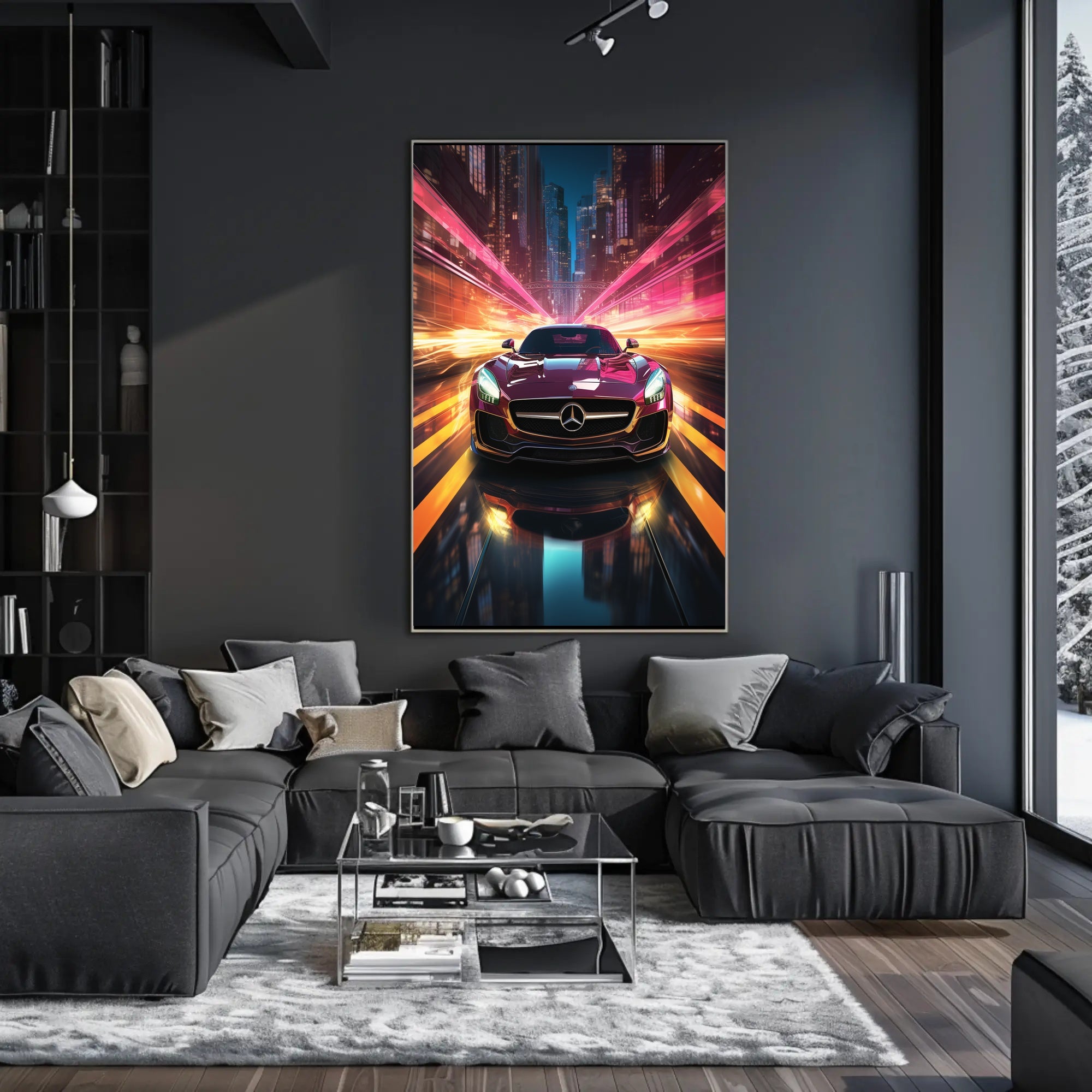 Sleek Sports Car Urban Escape Futuristic Sci-Fi Poster