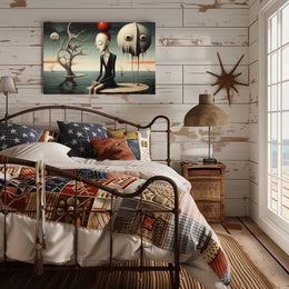 Surreal Humanoid with Red Sphere Hat Artistic Poster