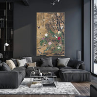 Serene Nature: Vibrant Peacocks and Blossoming Trees Poster