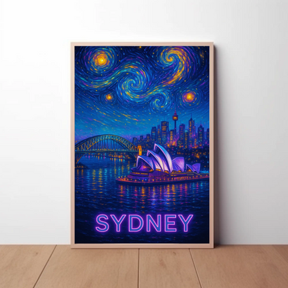 Sydney Harbor Opera House Neon Starry Night Travel Poster