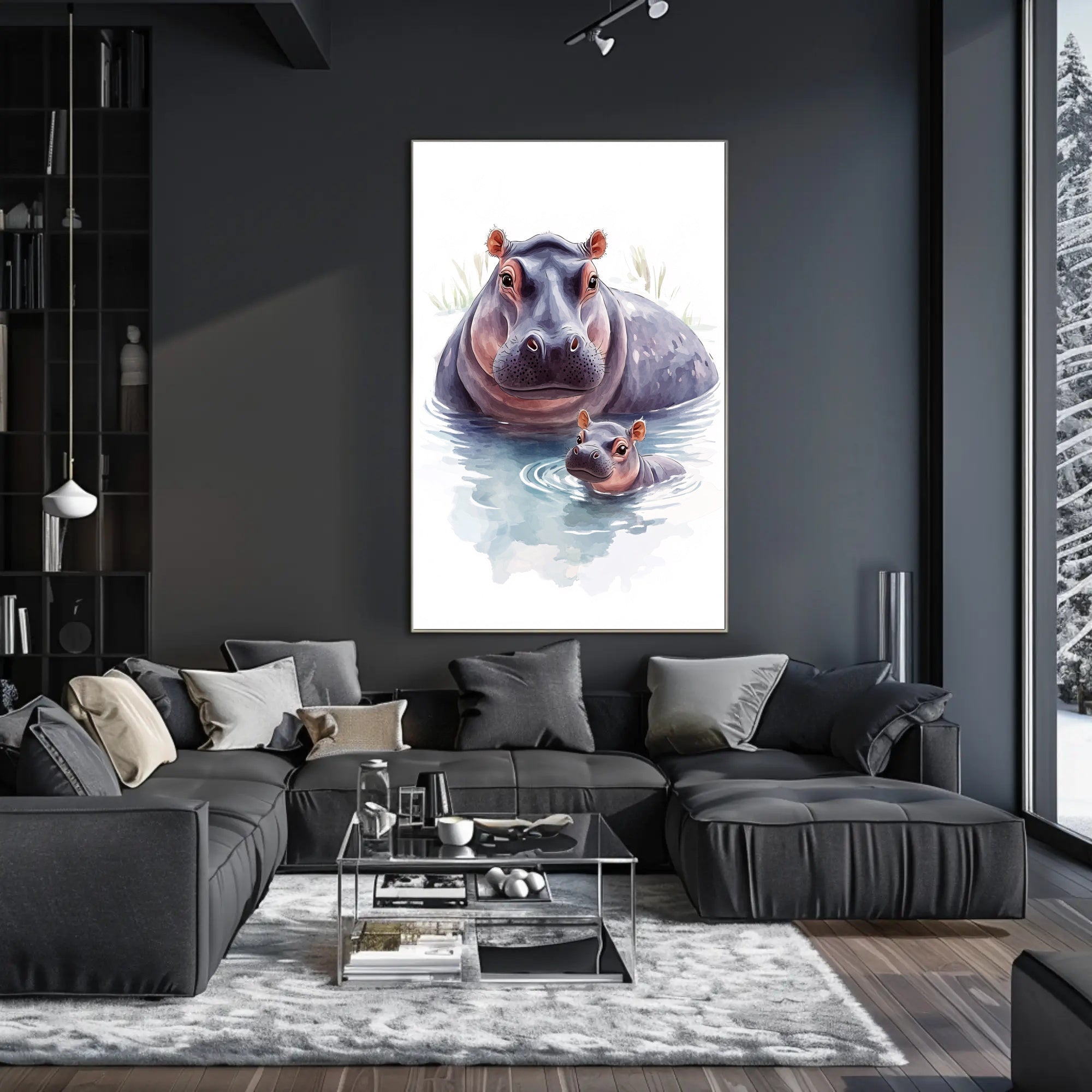 Mother and Baby Hippopotamus Digital Animal Poster