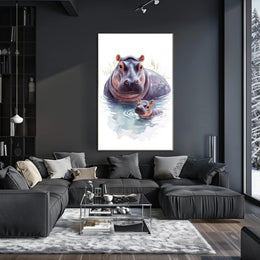 Mother and Baby Hippopotamus Digital Animal Poster