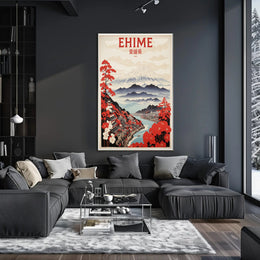 Stylized Traditional Ehime Japan Landscape Art Travel Poster