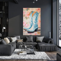 Blue Cowboy Boots Poster Vintage Floral Wall Art