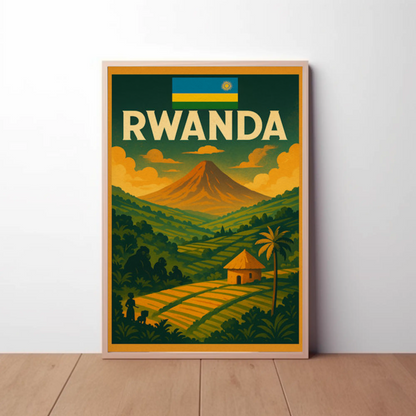 Rwanda Flag and Fields Sunset Travel Poster