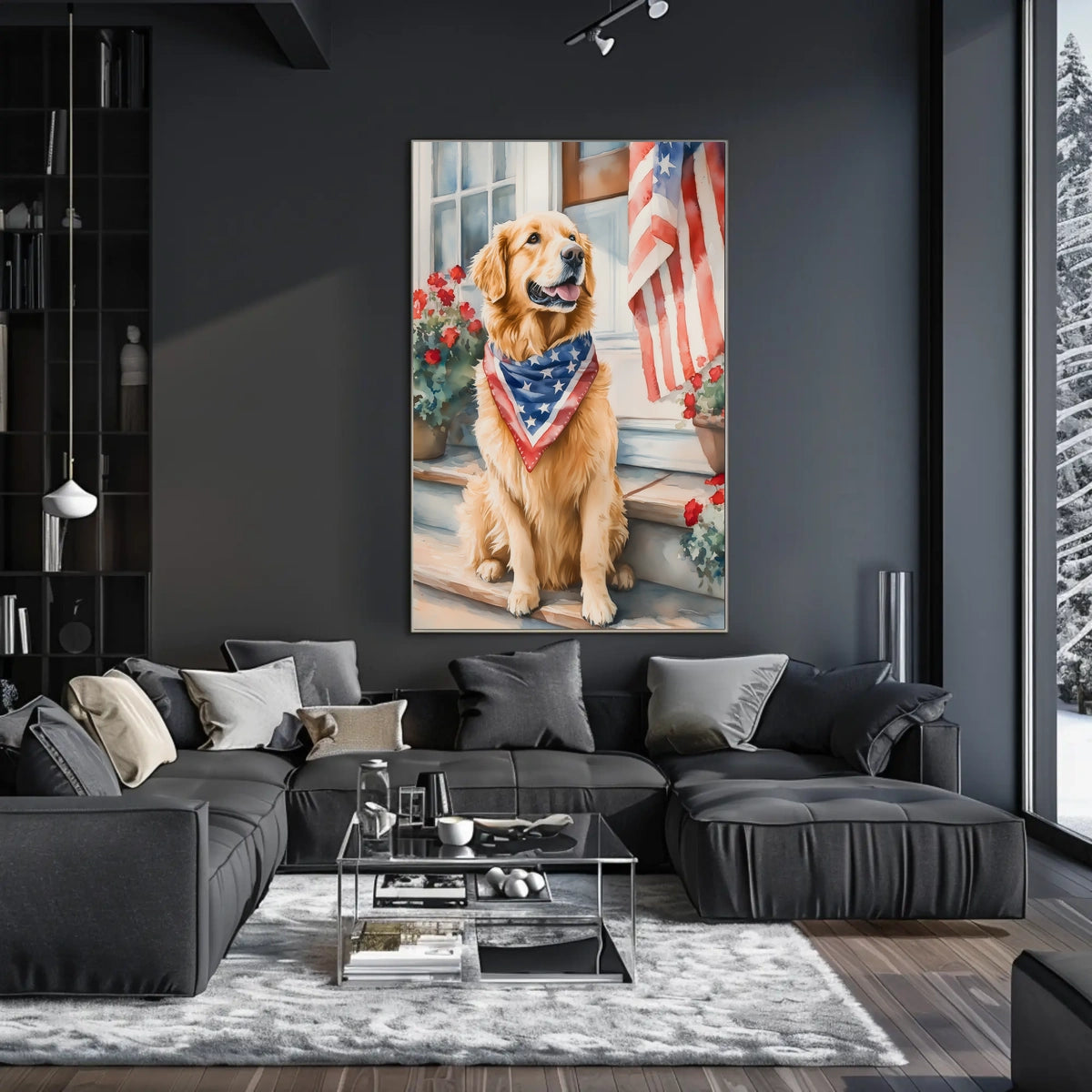 Golden Retriever On Front Porch Patriotic Bandana Poster
