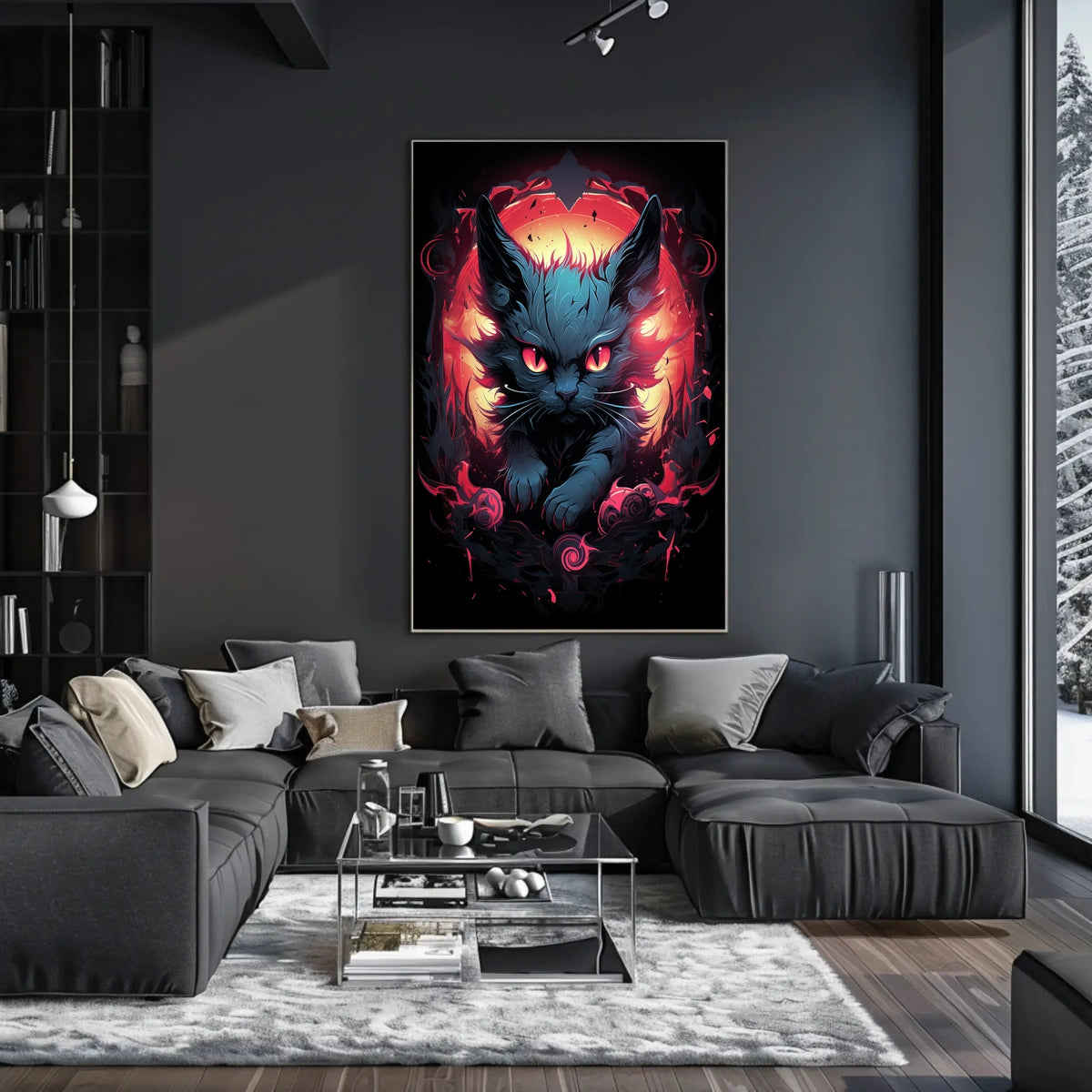 The poster features a striking, surreal illustration of a cat with intense, glowing Travel Poster