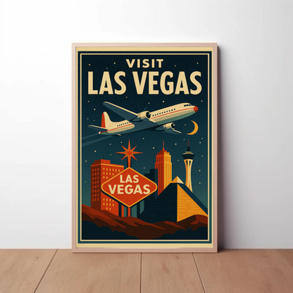 Visit Las Vegas Stylized Airliner Night Neon Glow Travel Poster