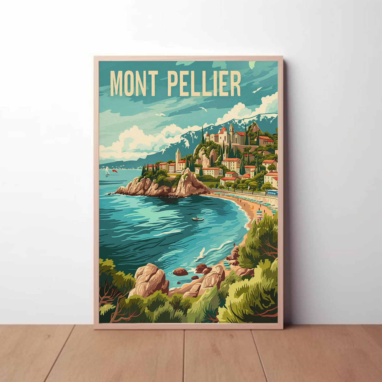 Montpellier France Coast Hillside Village Travel Poster