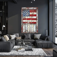 Rustic Wooden Barn Door With Faded American Flag Poster
