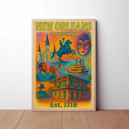 New Orleans Louisiana Jazz Mardi Gras Steamboat Travel Poster