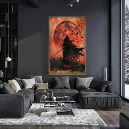 Silhouetted Warrior Against Red Moon Fantasy or Mythology Poster PosterGoat