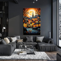 Vibrant Moonlit Classic European Townscape Art Travel Poster