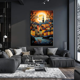 Vibrant Moonlit Classic European Townscape Art Travel Poster