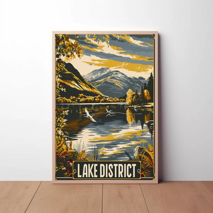 Lake District Golden Mountains Waterfowl Scene Travel Poster