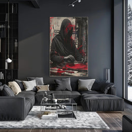 Mysterious Hooded Figure in Grayscale Artistic Poster PosterGoat