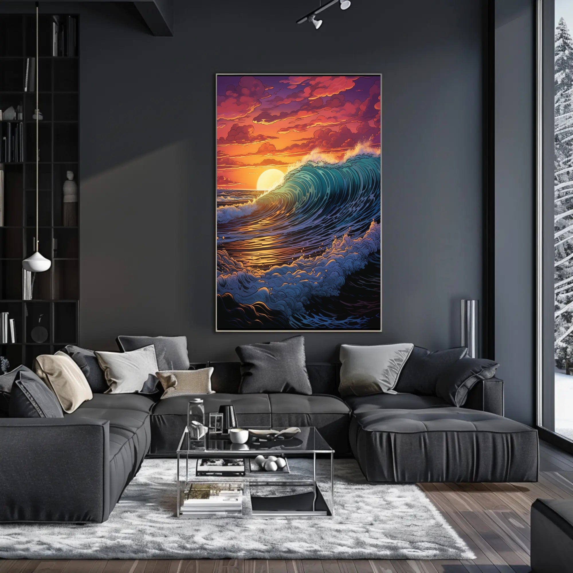 Dramatic Ocean Wave Sunset Scene Artistic Poster