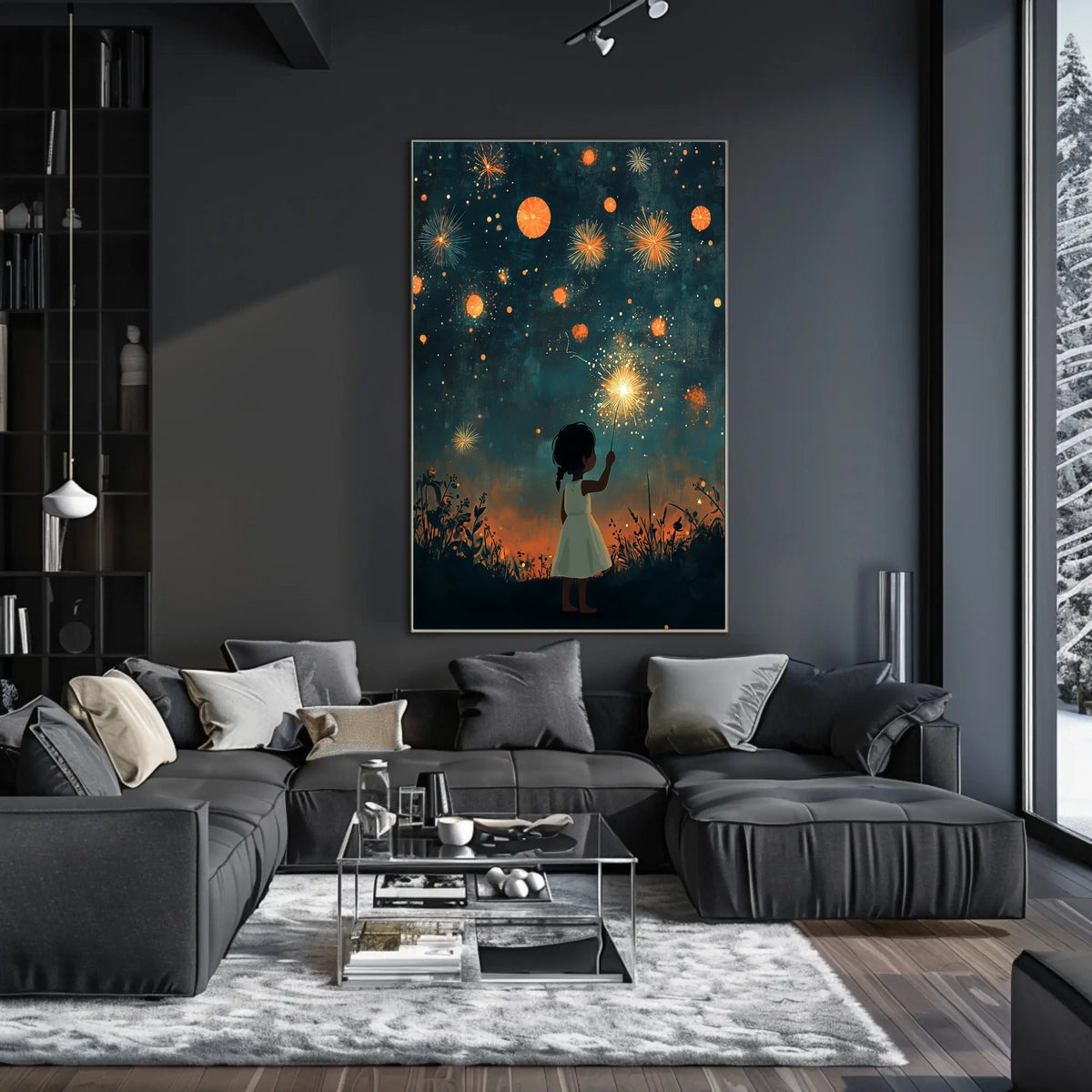 Child Holding Sparkler Under Night Sky Fireworks Poster