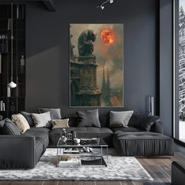Gothic Gargoyle Under a Fiery Moon Fantasy Poster PosterGoat