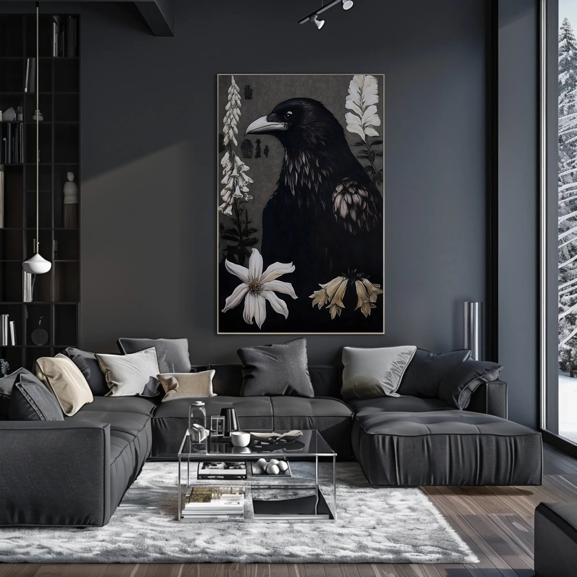 Raven Surrounded by Flowers Animal Poster PosterGoat