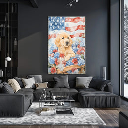Golden Retriever Puppy In Wagon With American Flags Poster