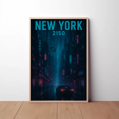 New York Cyberpunk Night Streets 2150 Vintage Travel Poster