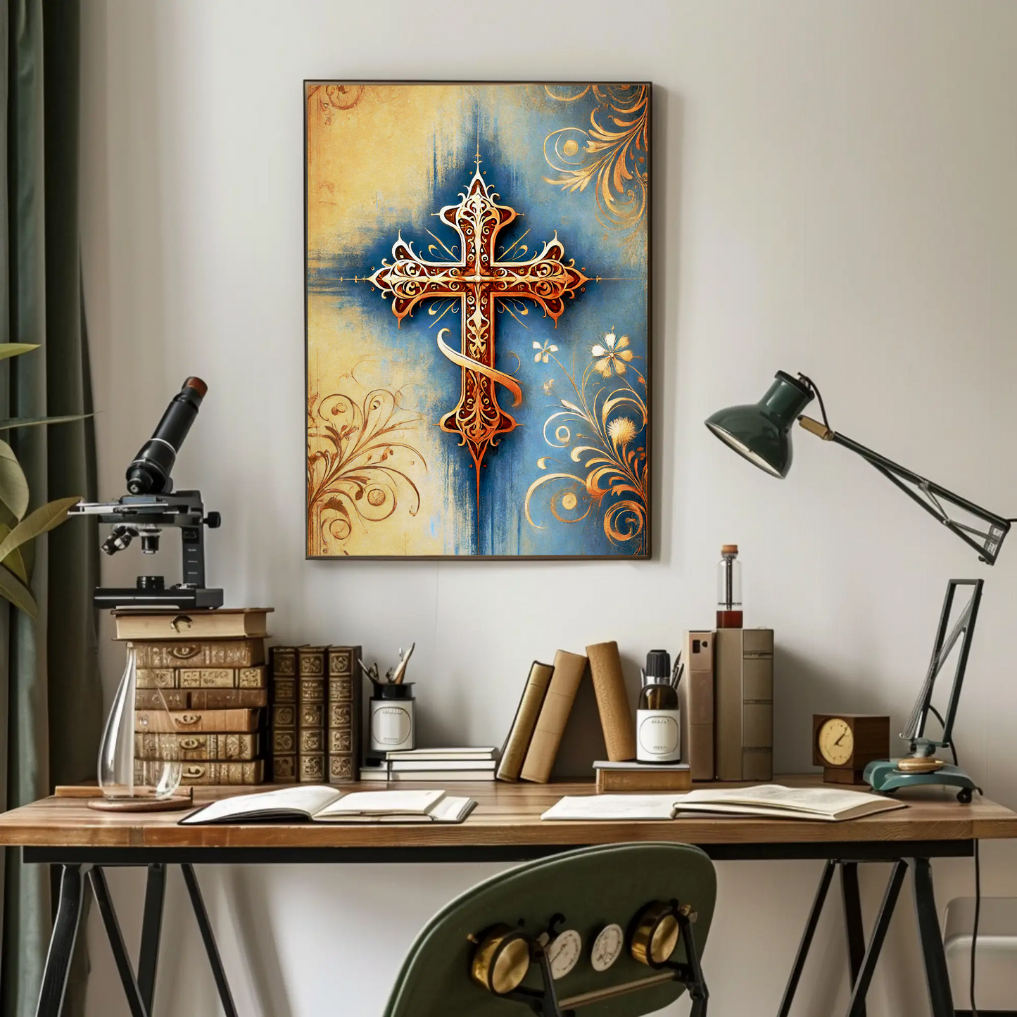 Gothic Blue Gold Cross Ornament Vintage Travel Poster