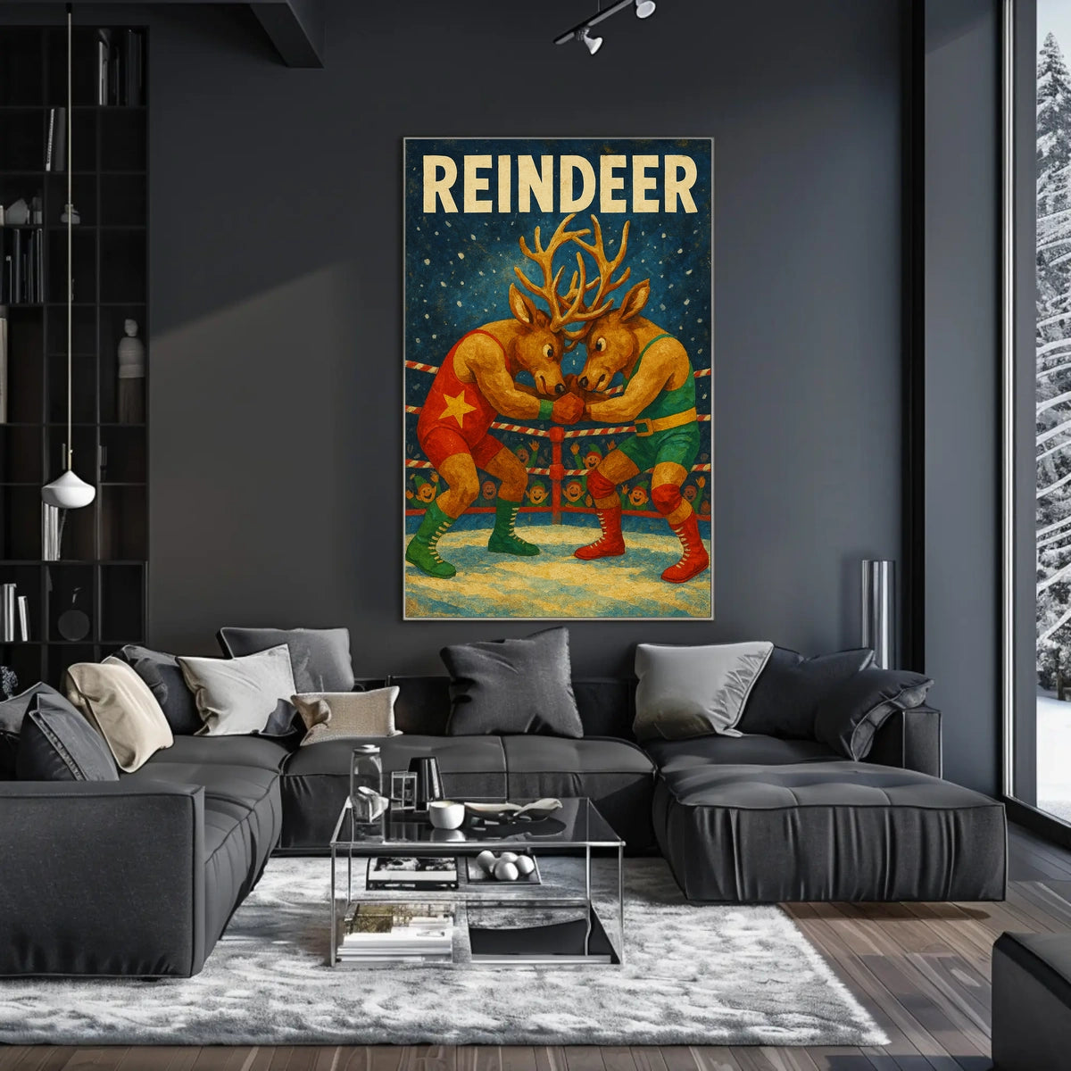 Whimsical Reindeer Wrestling Holiday Poster Art Print
