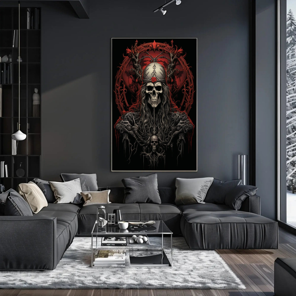 Gothic Skull Fantasy Art Poster with Red Rose