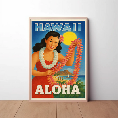 Vintage Hawaii Girl Lei Diamond Head Beach Travel Poster