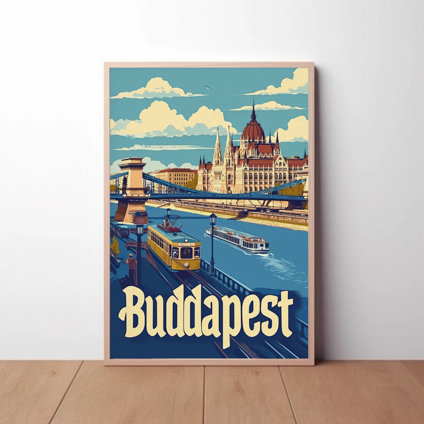 Budapest Parliament Bridge Tram River Travel Poster
