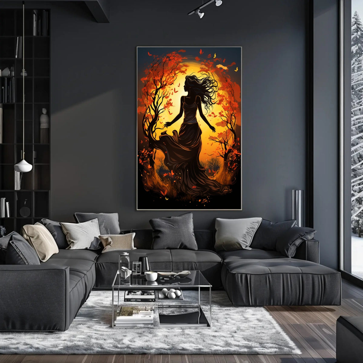 Autumn Dance: Silhouetted Woman in Vibrant Landscape