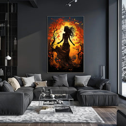 Autumn Dance: Silhouetted Woman in Vibrant Landscape