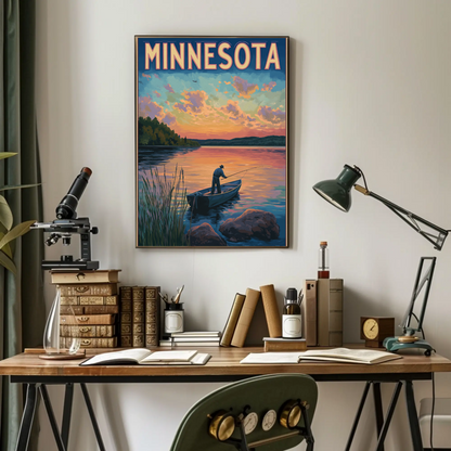 Minnesota Sunset Fishing Vintage Poster