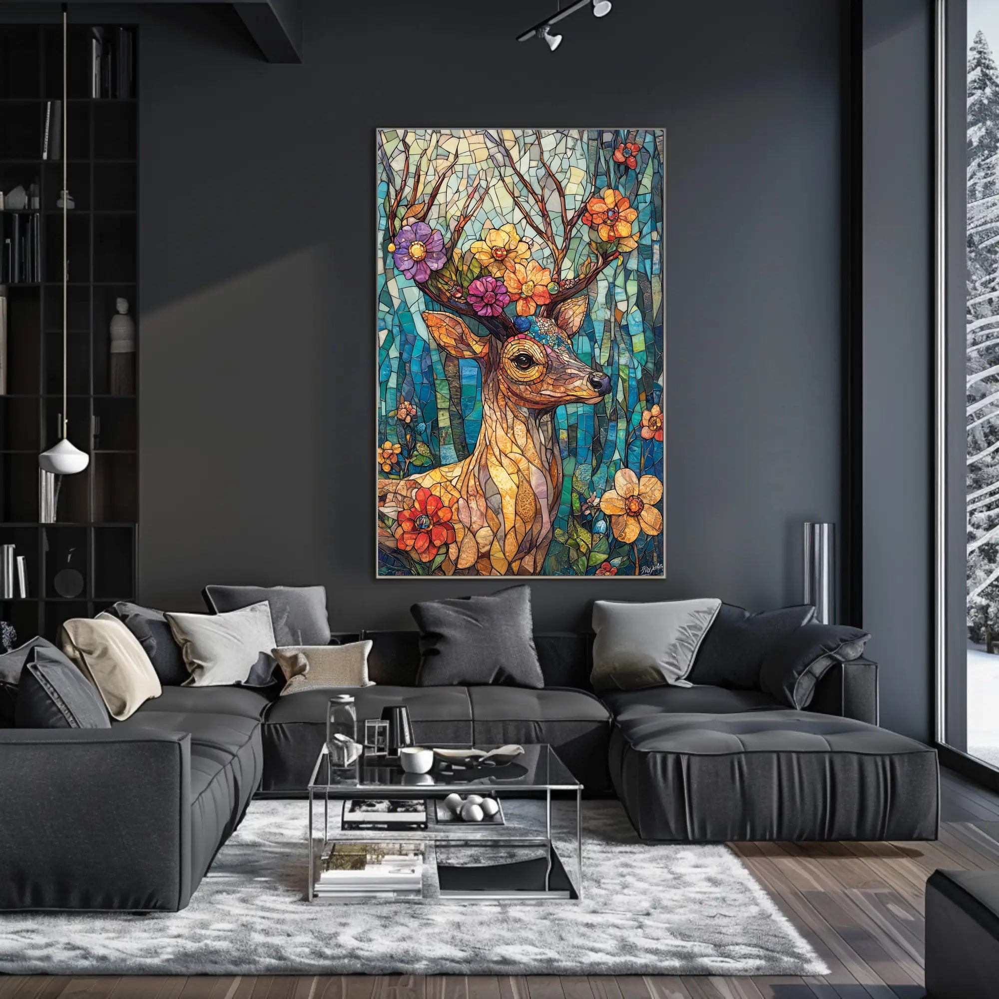 Deer in Vibrant Stained Glass Art Poster