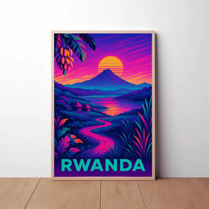 Rwanda Neon Night Valley Sunset Travel Poster