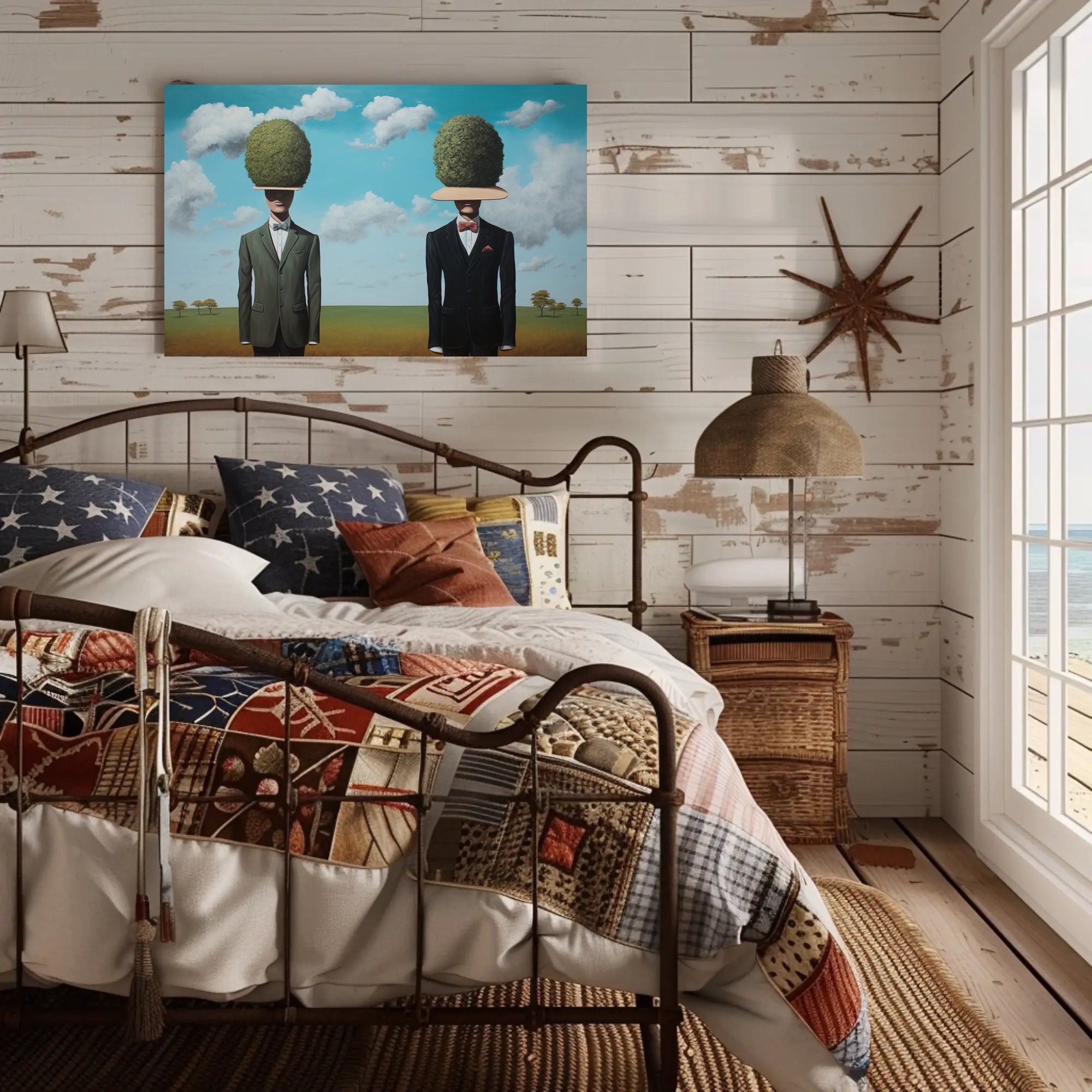 Surreal Suited Figures Artistic Poster Under Blue Sky