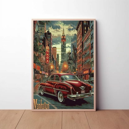 Manhattan Empire Lights and Cars Travel Poster