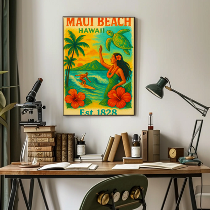 Maui Beach Hawaii Surf Dancer Est 1828 Vintage Travel Poster