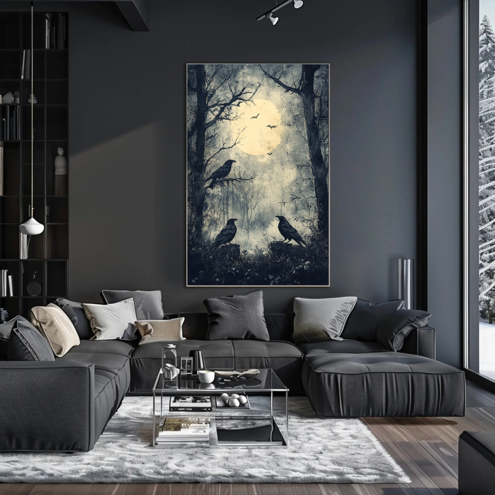 Moonlit Forest With Ravens Poster