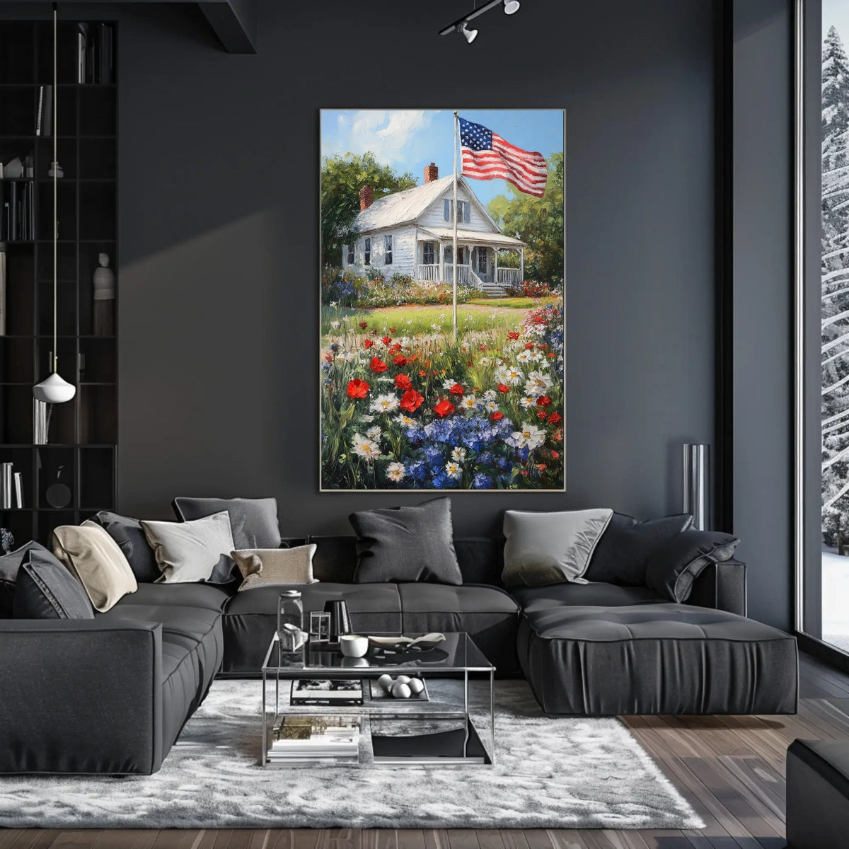 Classic White American Farmhouse With American Flag Poster