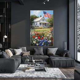 Classic White American Farmhouse With American Flag Poster