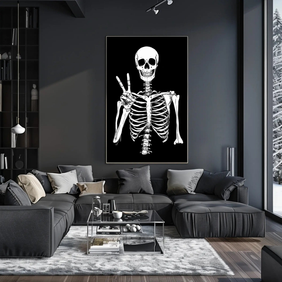 Skeleton Peace Sign Black Background Monochromatic Poster