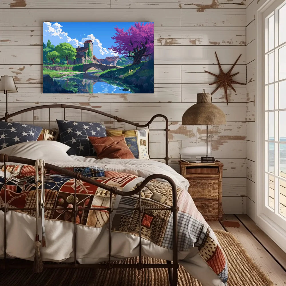 Serene Countryside Bridge and Cottage Art Poster