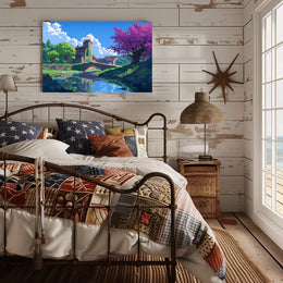 Serene Countryside Bridge and Cottage Art Poster