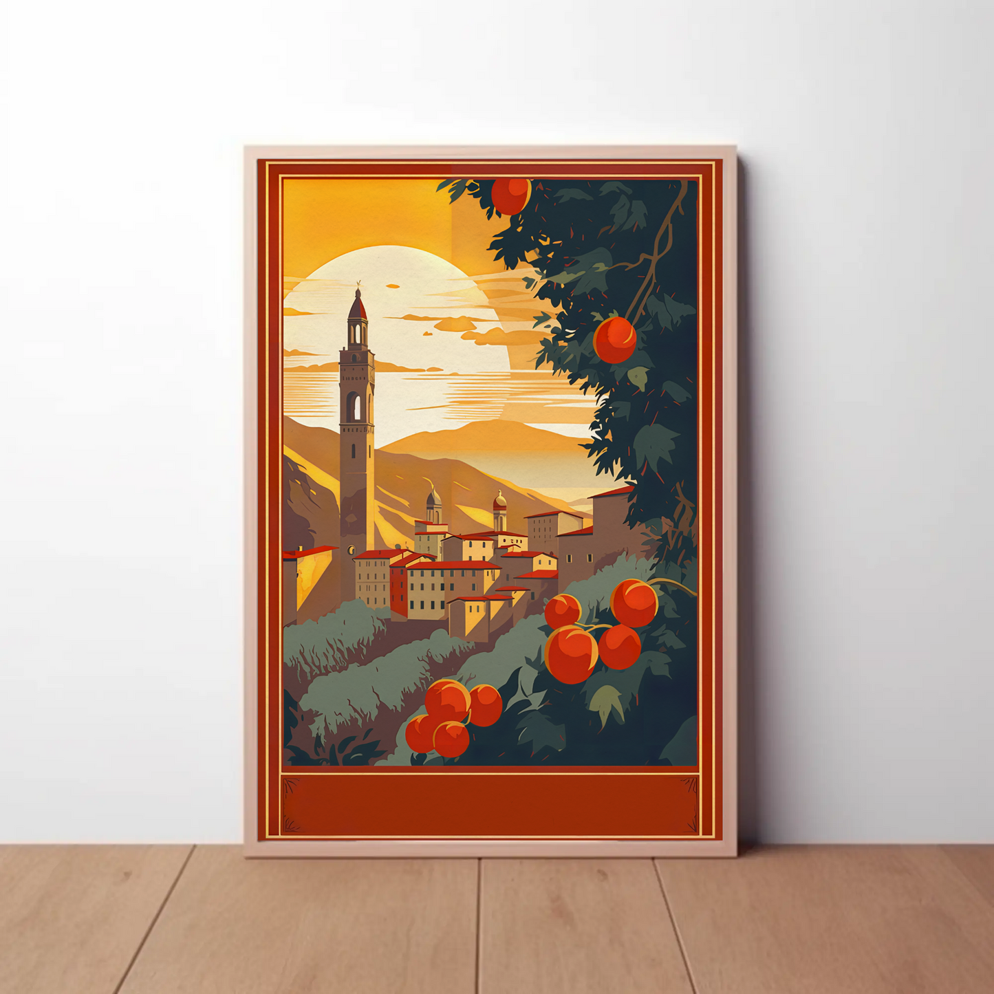 Italian Hilltown Sunset With Tower Travel Poster