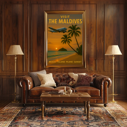 Visit Maldives Island Paradise Sunset Plane Travel Poster