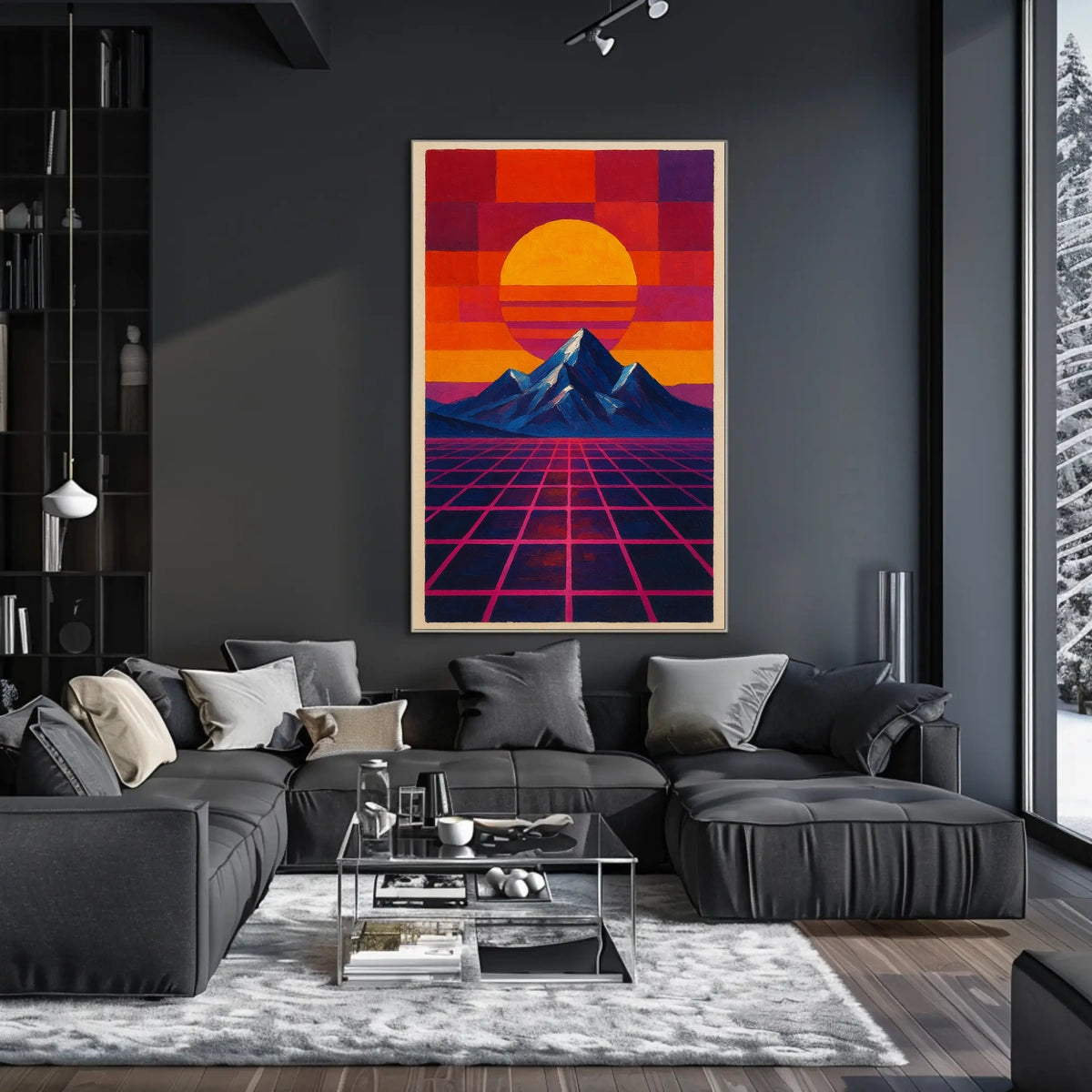 Retro-Futuristic Sunrise on Geometric Sci-Fi Landscape Poster
