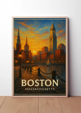 Boston Massachusetts Cobblestone Harbor Sunset Travel Poster