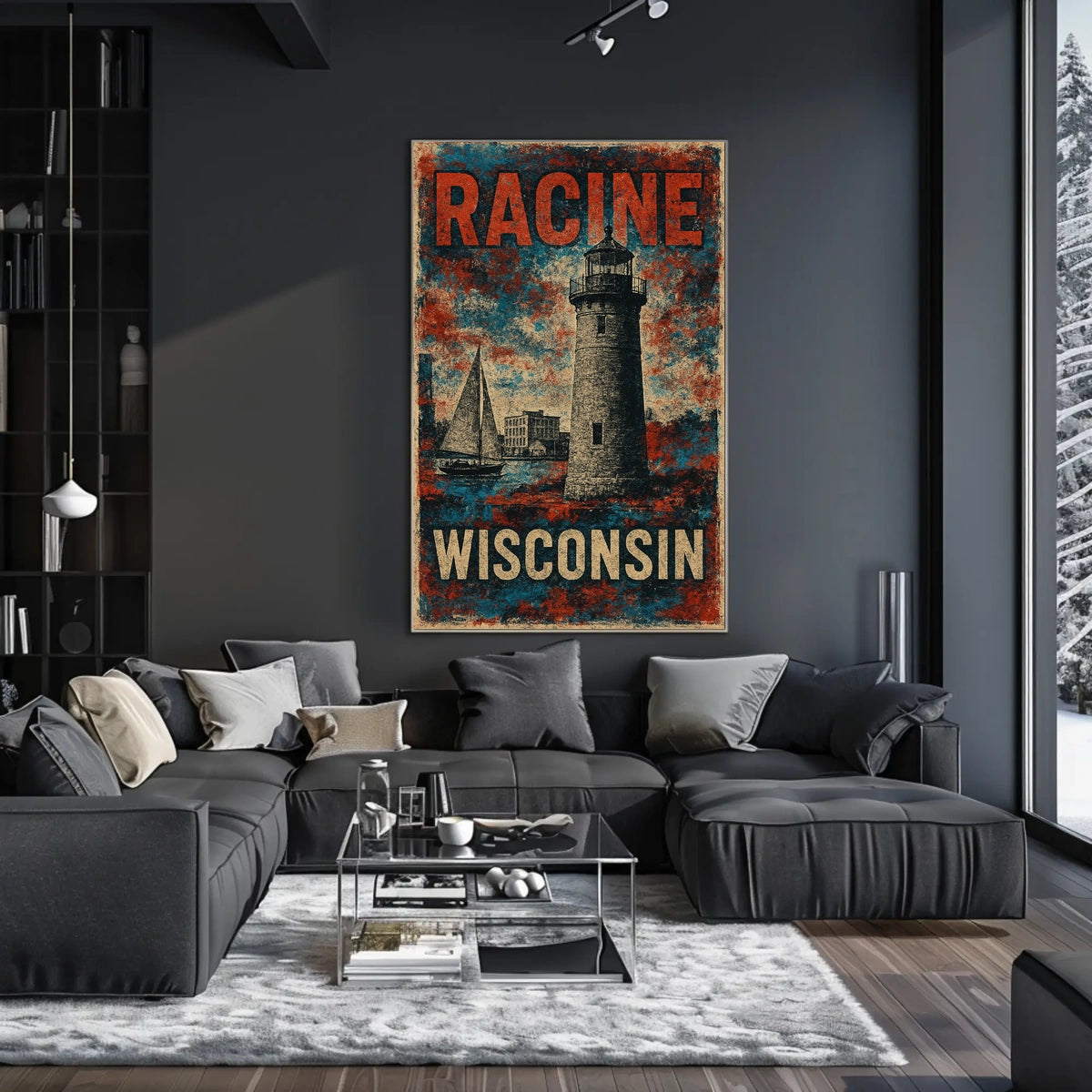 Racine Wisconsin Lighthouse Coastal Watercolor Poster